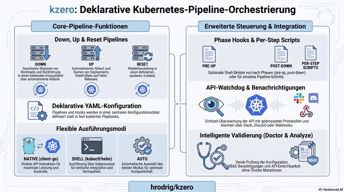 kzero-Wartungsworkflow: analyze, dry-run, live down und up auf einer Bastion mit kubeconfig